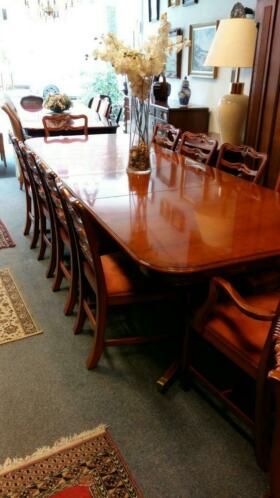 artikelnr. 1600262 Heldense Exclusive Taxus Coulisse tafel met tien stoelen: Prijs Op Aanvraag
Heldense ExclusiveTaxus Coulisse tafel. Met tien stoelen waarvan twee met armleggers.
Tafel is intarsia ingelegd en in nieuwstaat stoelen zijn pas opnieuw gestoffeerd. Tafel staat op messing wielen en heeft twee tussen bladen.
Maten; L 2.80 B 1.07 H 76 tussen bladen 50 cm.
Ook in Mahoniehout in onze collectie, en nog diverse andere soorten en maten in hoogglans of in zijde glanzens aanwezig. zie onze site of andere advertenties.
Keywords: Heldense Exclusive Taxus Coulisse tafel met tien stoelen